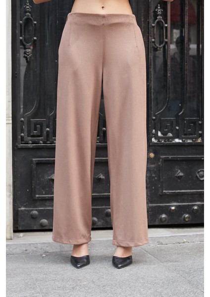 Kadın Süet Dokulu Kumaş Yüksek Bel Yan Cepli Beli Lastikli Bol Paça Palazzo Pantolon-Vizon fiyatları