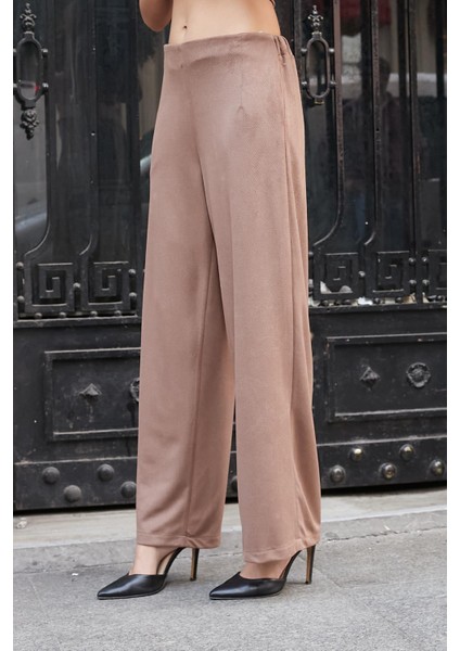 Kadın Süet Dokulu Kumaş Yüksek Bel Yan Cepli Beli Lastikli Bol Paça Palazzo Pantolon-Vizon modelleri