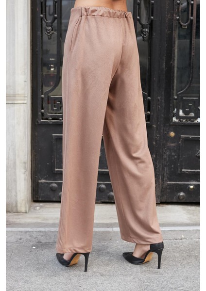 Kadın Süet Dokulu Kumaş Yüksek Bel Yan Cepli Beli Lastikli Bol Paça Palazzo Pantolon-Vizon indirimleri