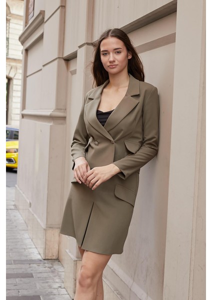 Kadın Yüksek Bel Pili Kaşeli Cep Kapaklı Hafif Esnek Kumaş Diz Üstü Çan Etek-Haki fiyatları