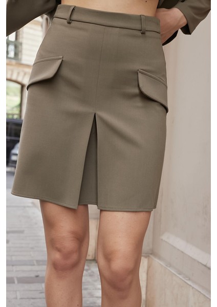 Kadın Yüksek Bel Pili Kaşeli Cep Kapaklı Hafif Esnek Kumaş Diz Üstü Çan Etek-Haki modelleri