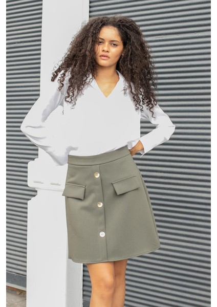 Kadın Diz Üstü Yüksek Bel Önü Düğmeli Cep Kapaklı Hafif Likralı Kumaş Çan Etek-Haki fiyatları