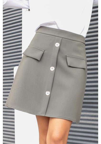 Kadın Diz Üstü Yüksek Bel Önü Düğmeli Cep Kapaklı Hafif Likralı Kumaş Çan Etek-Haki fırsatları