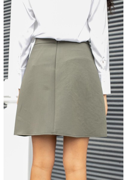 Kadın Diz Üstü Yüksek Bel Önü Düğmeli Cep Kapaklı Hafif Likralı Kumaş Çan Etek-Haki indirimleri