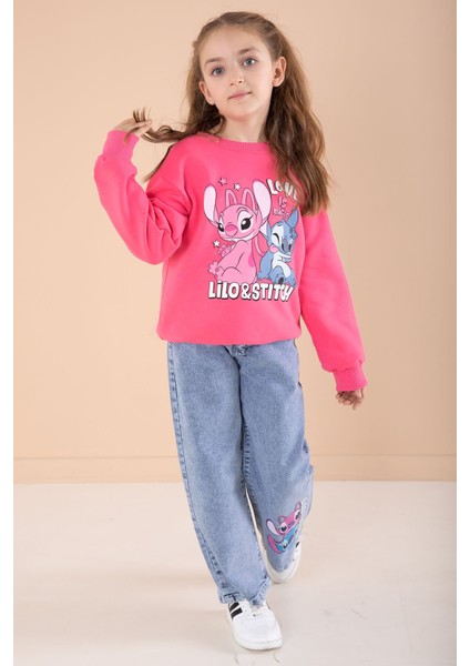 Fuşya Love Karakter Baskılı Şardonlu Badili Kız Çocuk Pantolonlu 2li Takım 22747
