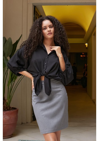 Yüksek Bel Diz Üstü Hafif Likralı Şık Kumaş Kalem Etek-Gri fiyatları