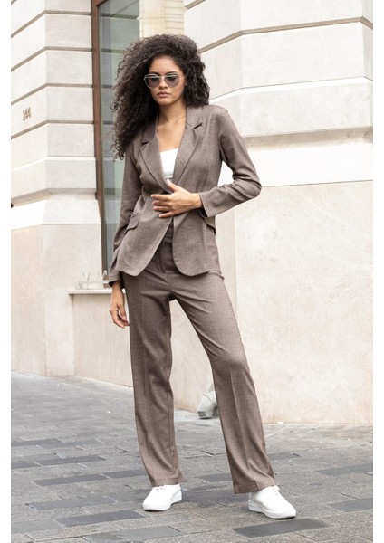 Kadın Balıksırtı Desenli Yüksek Bel Alman Cepli Boru Paça Kumaş Pantolon-Kahve Balıksırtı