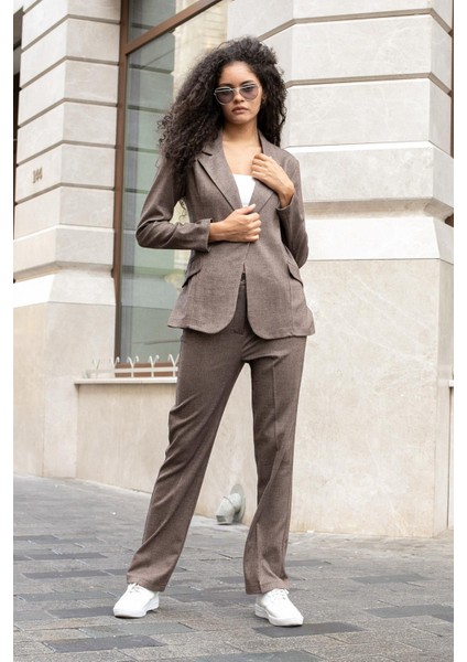 Kadın Balıksırtı Desenli Yüksek Bel Alman Cepli Boru Paça Kumaş Pantolon-Kahve Balıksırtı fiyatları