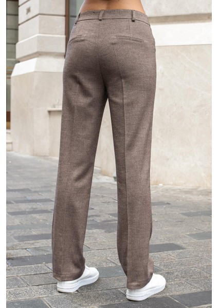 Kadın Balıksırtı Desenli Yüksek Bel Alman Cepli Boru Paça Kumaş Pantolon-Kahve Balıksırtı fırsatları