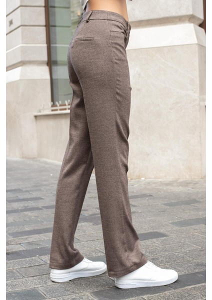 Kadın Balıksırtı Desenli Yüksek Bel Alman Cepli Boru Paça Kumaş Pantolon-Kahve Balıksırtı indirimleri