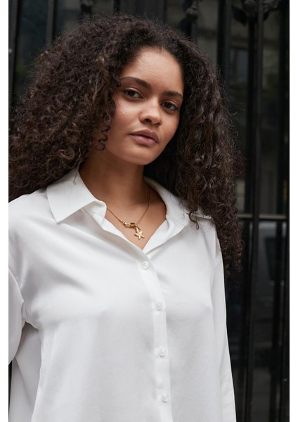 Kadın Pamuksu Modal Cupra Kumaş Yakalı Yanları Yırtmaçlı Uzun Kol Gömlek-Krem fiyatları