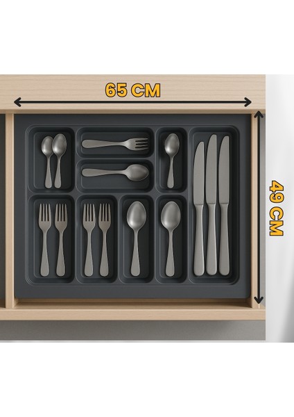 65x49 cm. 9 Gözlü Antrasit Çekmece Içi Kaşıklık 54*41 Cm'e Kadar Kesebilirsiniz