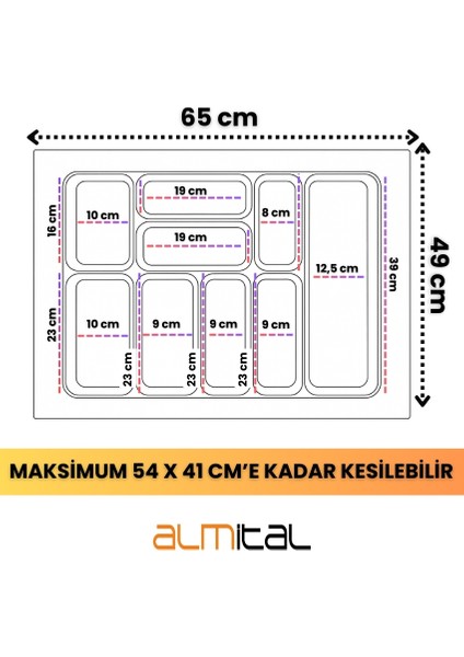 65x49 cm. 9 Gözlü Antrasit Çekmece Içi Kaşıklık 54*41 Cm'e Kadar Kesebilirsiniz modelleri