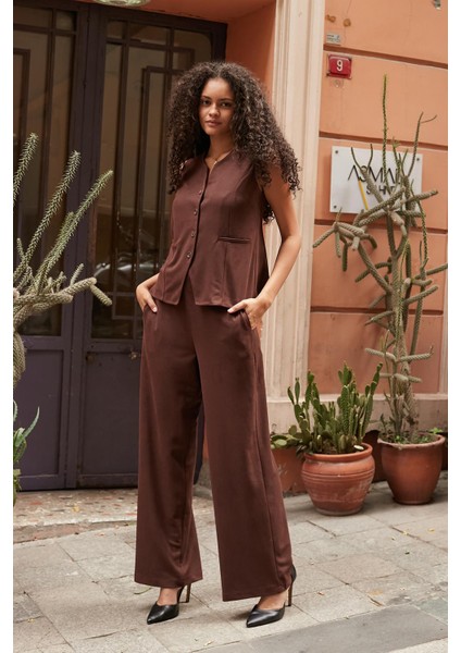 Kadın Süet Dokulu Kumaş Geniş Sıfır Yakalı Flato Cepli Yelek-Kahve