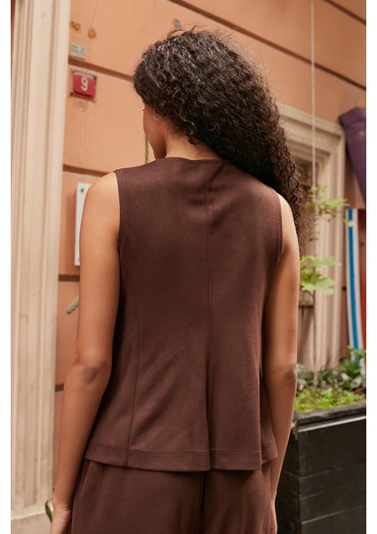 Kadın Süet Dokulu Kumaş Geniş Sıfır Yakalı Flato Cepli Yelek-Kahve fiyatları