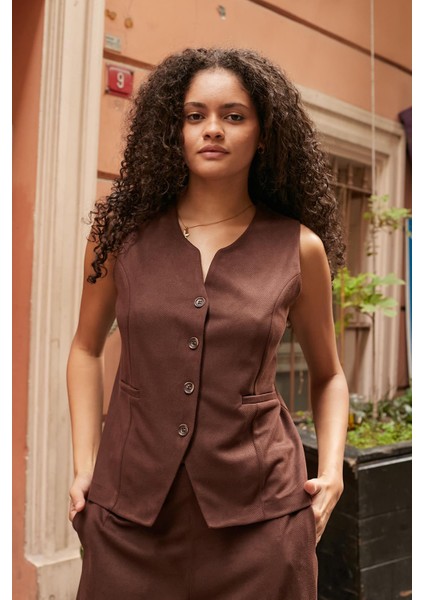 Kadın Süet Dokulu Kumaş Geniş Sıfır Yakalı Flato Cepli Yelek-Kahve modelleri