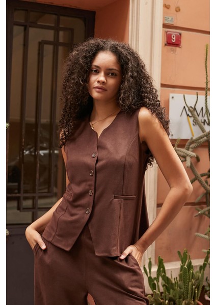 Kadın Süet Dokulu Kumaş Geniş Sıfır Yakalı Flato Cepli Yelek-Kahve fırsatları