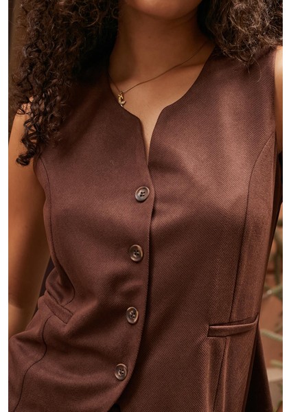 Kadın Süet Dokulu Kumaş Geniş Sıfır Yakalı Flato Cepli Yelek-Kahve indirimleri