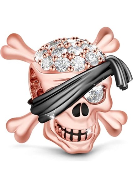 Parıldayan Taşlı Rose Korsan Iskelet Gümüş Charm