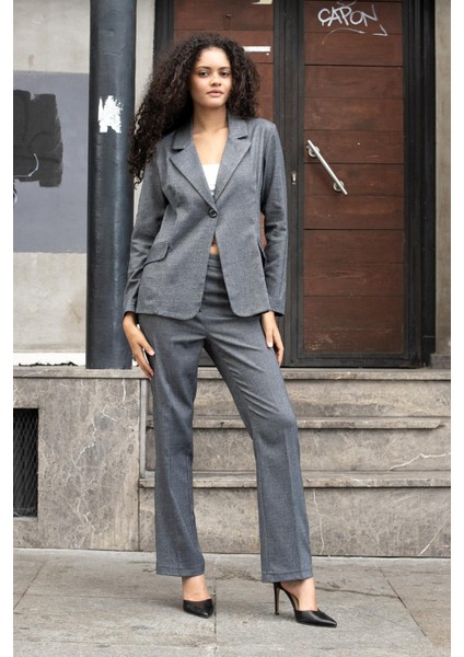 Kadın Balıksırtı Desenli Yüksek Bel Alman Cepli Boru Paça Kumaş Pantolon-Gri Balıksırtı