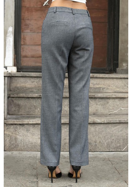 Kadın Balıksırtı Desenli Yüksek Bel Alman Cepli Boru Paça Kumaş Pantolon-Gri Balıksırtı indirimleri