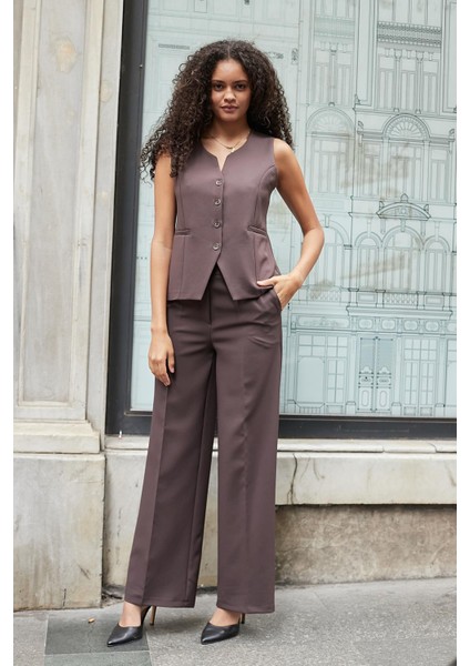 Kadın Hafif Esnek Kumaş Yüksek Bel Yan Cepli Bol Paça Palazzo Pantolon-Kahve