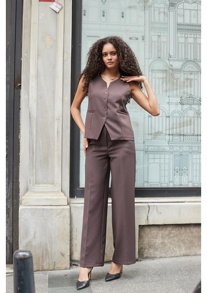 Kadın Hafif Esnek Kumaş Yüksek Bel Yan Cepli Bol Paça Palazzo Pantolon-Kahve fiyatları