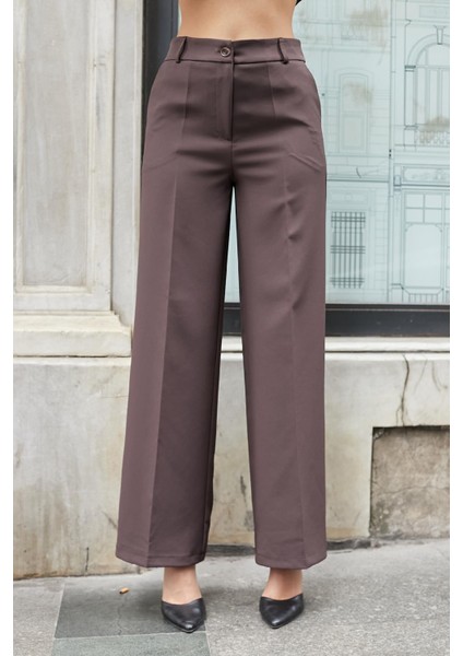 Kadın Hafif Esnek Kumaş Yüksek Bel Yan Cepli Bol Paça Palazzo Pantolon-Kahve modelleri