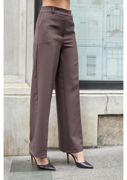 Kadın Hafif Esnek Kumaş Yüksek Bel Yan Cepli Bol Paça Palazzo Pantolon-Kahve fırsatları
