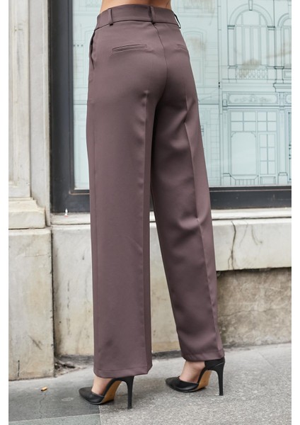 Kadın Hafif Esnek Kumaş Yüksek Bel Yan Cepli Bol Paça Palazzo Pantolon-Kahve indirimleri