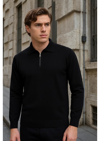 Erkek Salaş Günlük Siyah Yarım Fermuarlı Sweatshirt