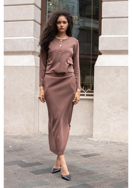 Kadın Ipeksi Esnek Modal Kumaş Yüksek Bel Cepli Beli Lastikli Yandan Yırtmaçlı Uzun Etek-Kahve fiyatları