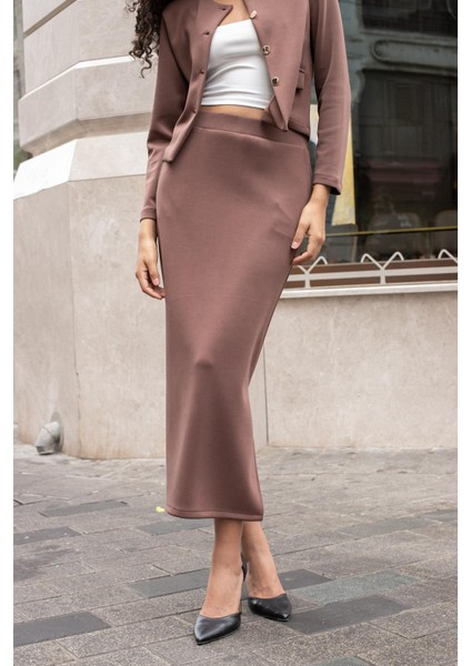 Kadın Ipeksi Esnek Modal Kumaş Yüksek Bel Cepli Beli Lastikli Yandan Yırtmaçlı Uzun Etek-Kahve modelleri