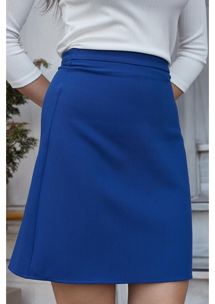 Yüksek Bel Hafif Likralı Kumaş Diz Boy Çan Etek-Indigo indirimleri