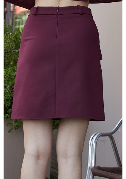 Kadın Yüksek Bel Pili Kaşeli Cep Kapaklı Hafif Esnek Kumaş Diz Üstü Çan Etek-Bordo fırsatları