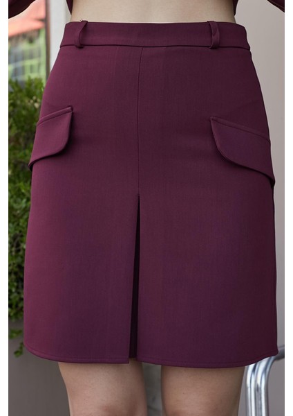 Kadın Yüksek Bel Pili Kaşeli Cep Kapaklı Hafif Esnek Kumaş Diz Üstü Çan Etek-Bordo indirimleri