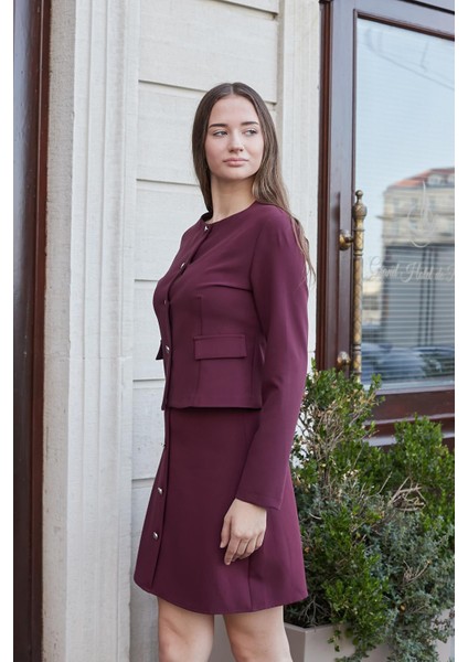 Kadın Yüksek Bel Önü Düğmeli Diz Boy Hafif Esnek Kumaş Çan Etek-Bordo