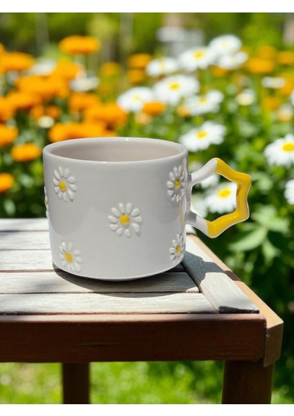 6'lı Papatya Kabartma Desenli El Işi Doğal Seramik Mug Kupa Çay / Cappuccino Fincanı