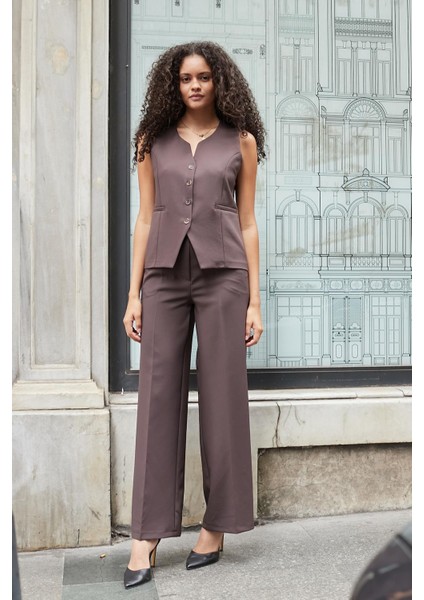 Kadın Flato Cepli Düğmeli Hafif Esnek Kumaş Yelek-Kahve