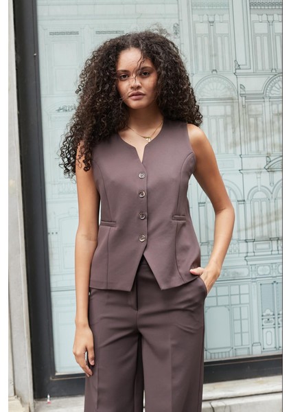 Kadın Flato Cepli Düğmeli Hafif Esnek Kumaş Yelek-Kahve fiyatları