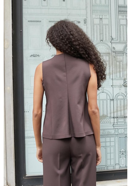 Kadın Flato Cepli Düğmeli Hafif Esnek Kumaş Yelek-Kahve modelleri