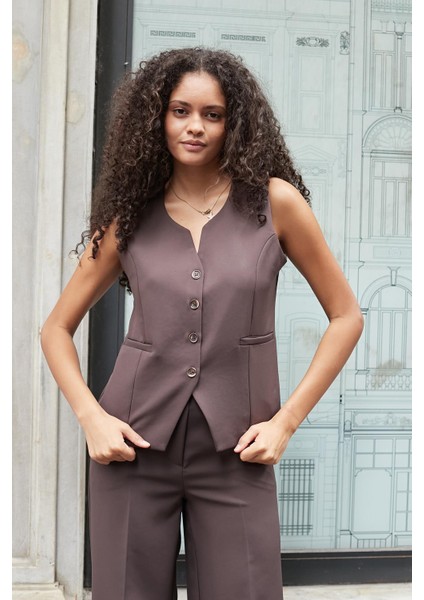 Kadın Flato Cepli Düğmeli Hafif Esnek Kumaş Yelek-Kahve fırsatları