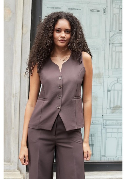 Kadın Flato Cepli Düğmeli Hafif Esnek Kumaş Yelek-Kahve indirimleri