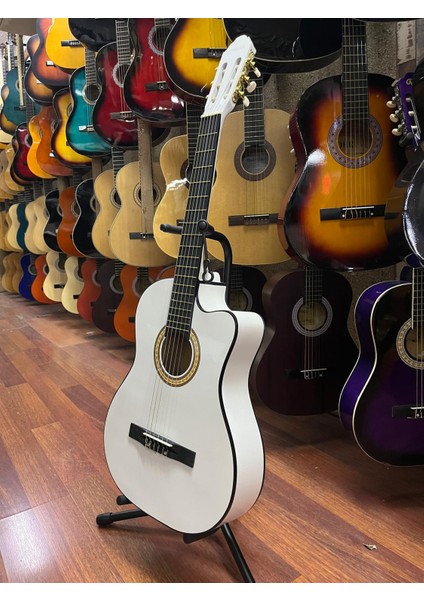 Beyaz 4/4 Tam Boy Kesik Kasa Klasik Gitar Kılıf Pena Dahil