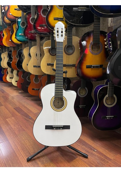 Beyaz 4/4 Tam Boy Kesik Kasa Klasik Gitar Kılıf Pena Dahil fiyatları