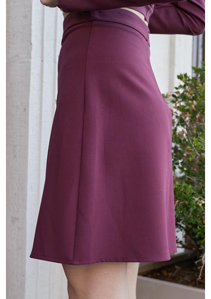 Kadın Yüksek Bel Önü Düğmeli Diz Boy Hafif Esnek Kumaş Çan Etek-Bordo modelleri