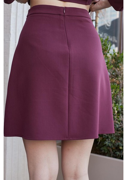 Kadın Yüksek Bel Önü Düğmeli Diz Boy Hafif Esnek Kumaş Çan Etek-Bordo fırsatları