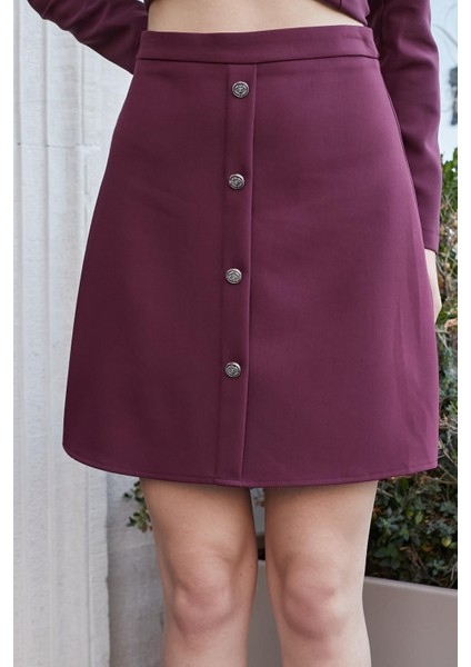 Kadın Yüksek Bel Önü Düğmeli Diz Boy Hafif Esnek Kumaş Çan Etek-Bordo indirimleri