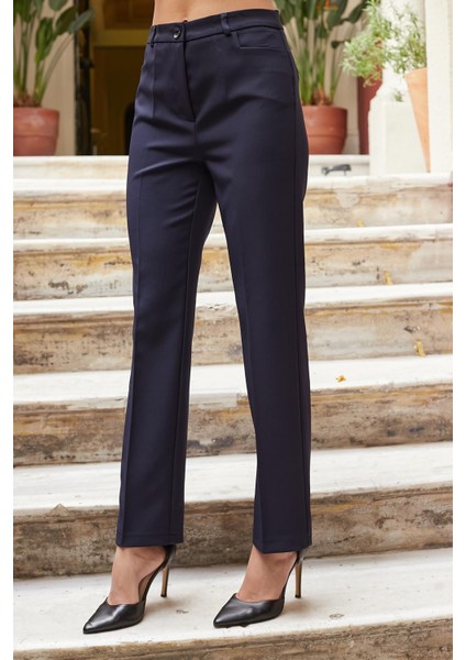 Kadın Yüksek Bel Alman Cepli Boru Paça Bacak Kısmı Rahat Hafif Esnek Kumaş Pantolon-Lacivert fiyatları