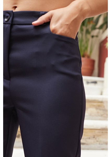 Kadın Yüksek Bel Alman Cepli Boru Paça Bacak Kısmı Rahat Hafif Esnek Kumaş Pantolon-Lacivert indirimleri